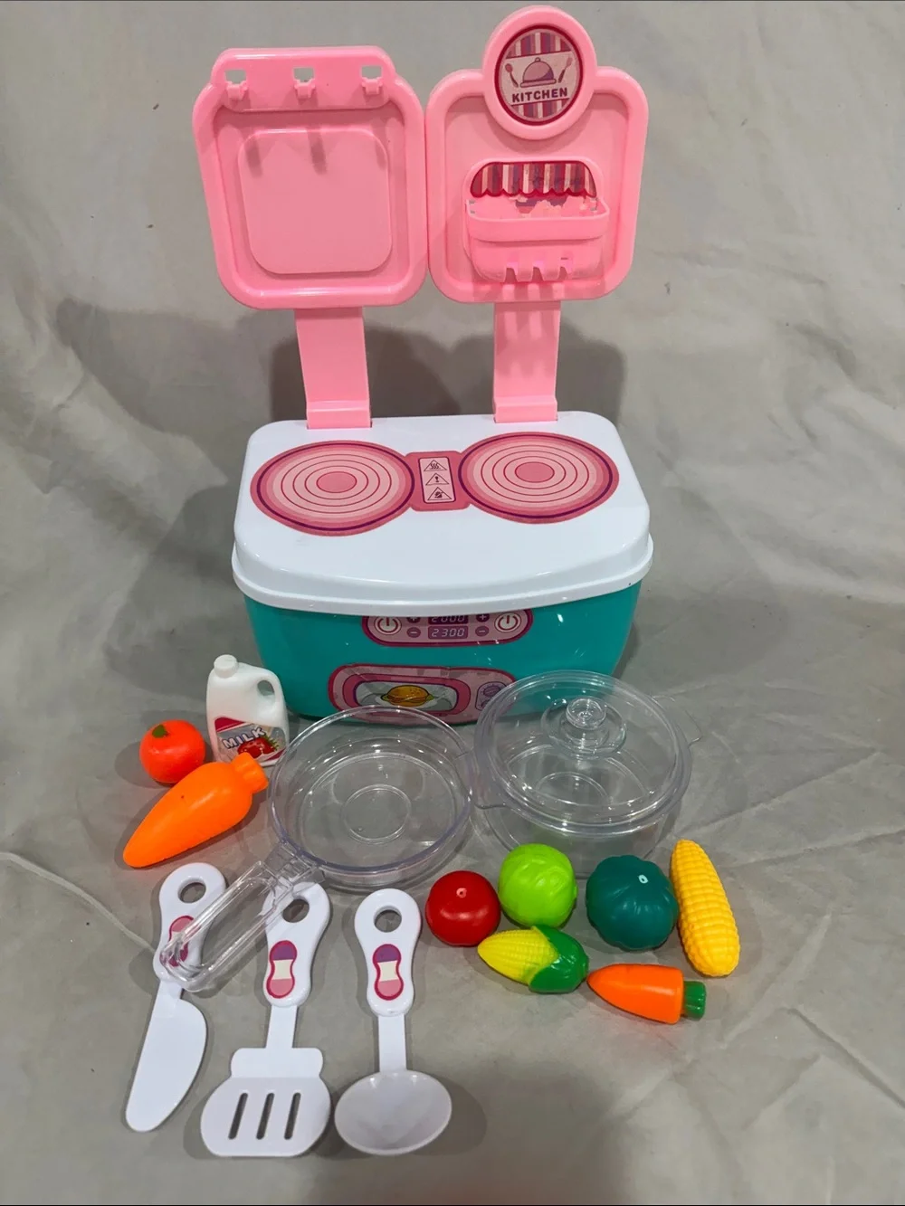 Kids Pretend Play Kitchen and Shopping Set with Pink and Teal Accessories